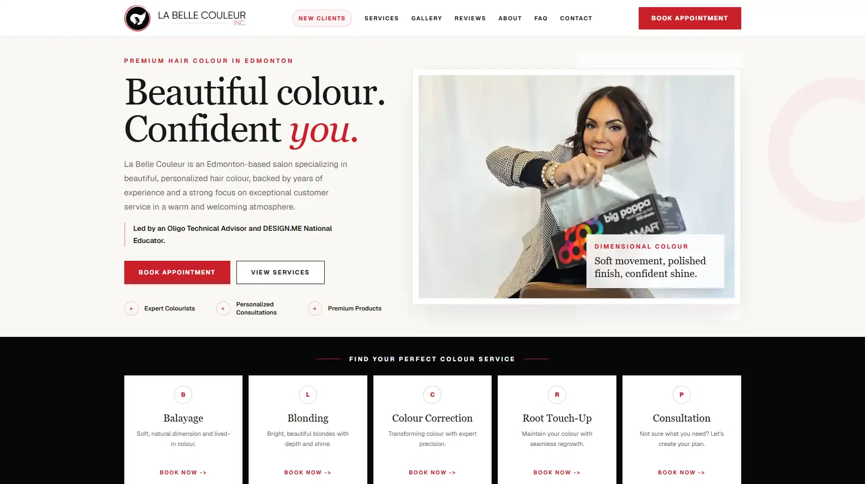 La Belle Couleur website focused on services, trust and booking