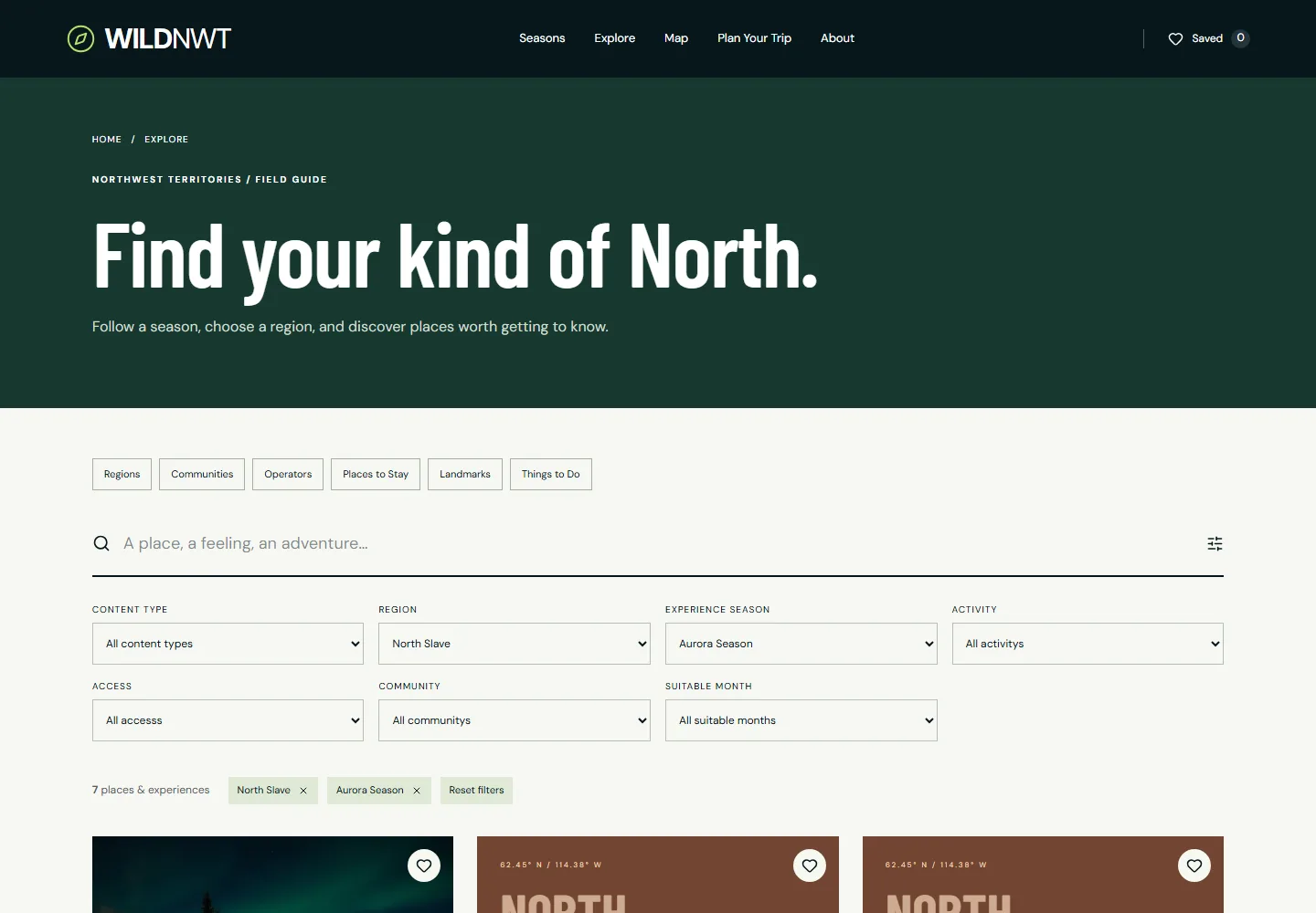 WildNWT discovery filters showing North Slave and Aurora Season selections