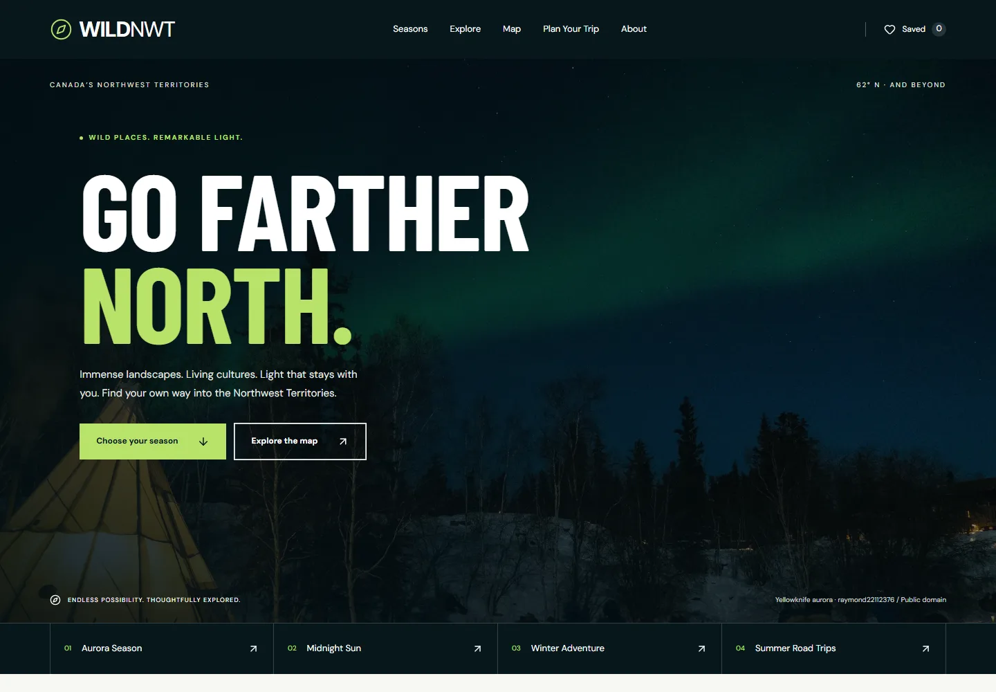 WildNWT homepage with the Go farther north message over a Yellowknife aurora