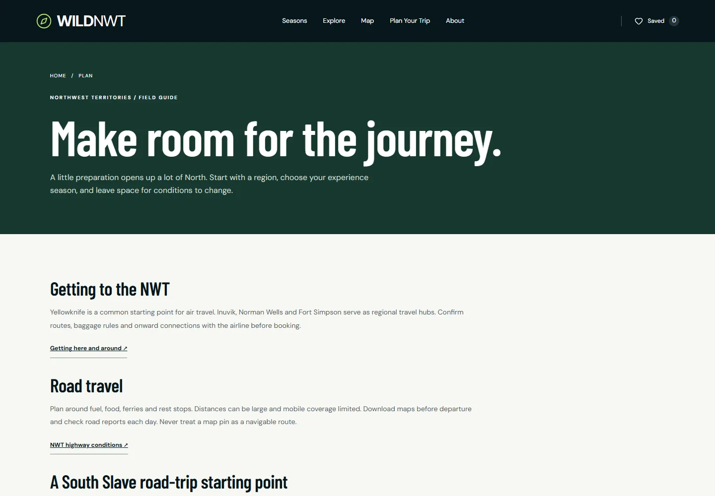 WildNWT Plan Your Trip page with air and road travel guidance