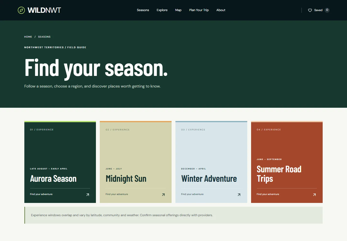 WildNWT season discovery page with four experience-season cards