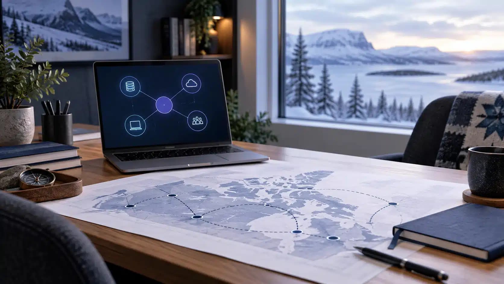 Northern office desk with a technology planning map and laptop showing connected systems
