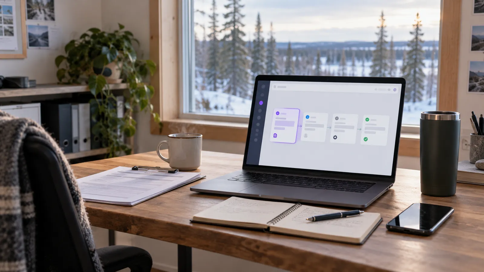 Laptop showing a simple AI Automation for NWT beside paperwork in an office overlooking a snowy treeline.
